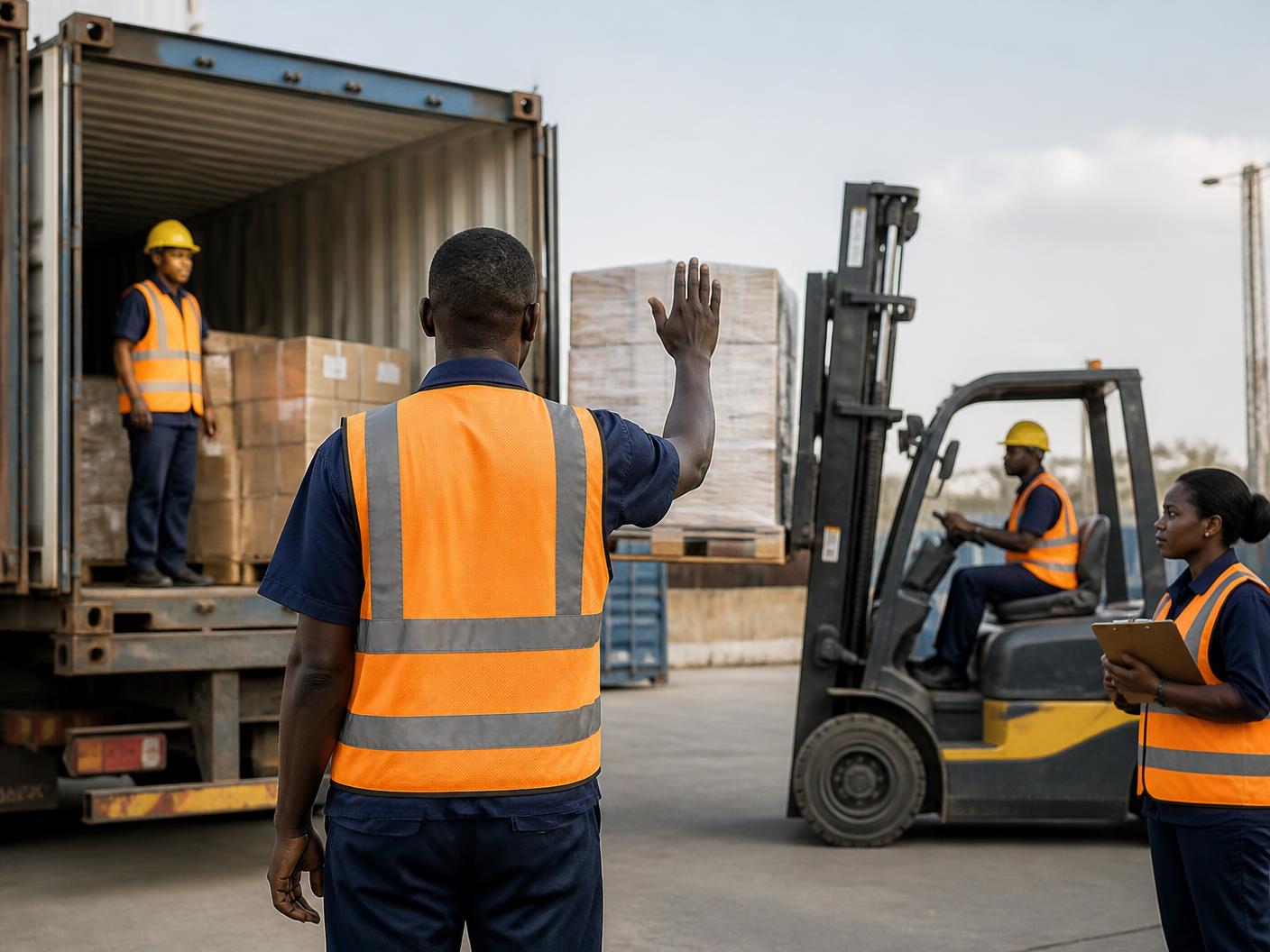 NICT cargo handling team coordinating a container unloading operation
